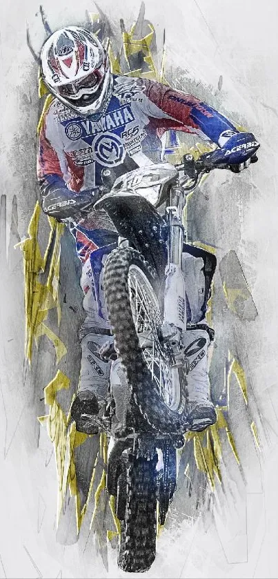 Motorcycle rider in artistic wallpaper with dynamic design.