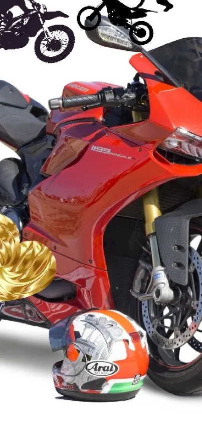 Red motorcycle with helmets and bike silhouettes on a white background.