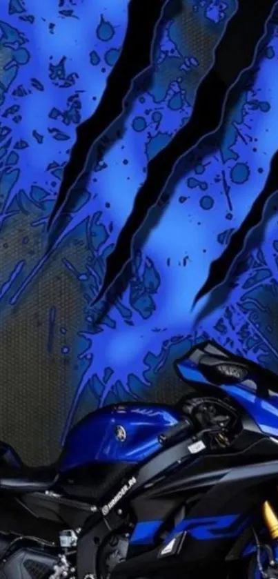 Sleek blue motorcycle with sharp claw marks on vibrant wallpaper.
