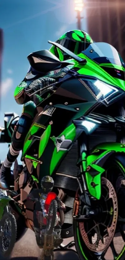 Sleek green motorcycle in urban cityscape wallpaper.