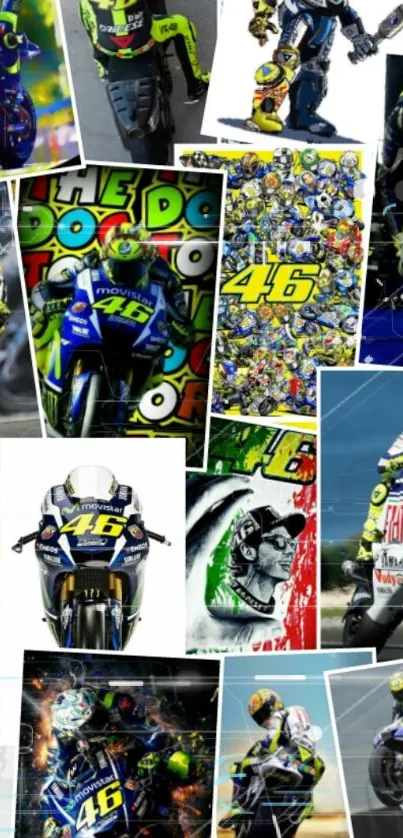 Dynamic motorcycle collage with vibrant colors and racing themes.