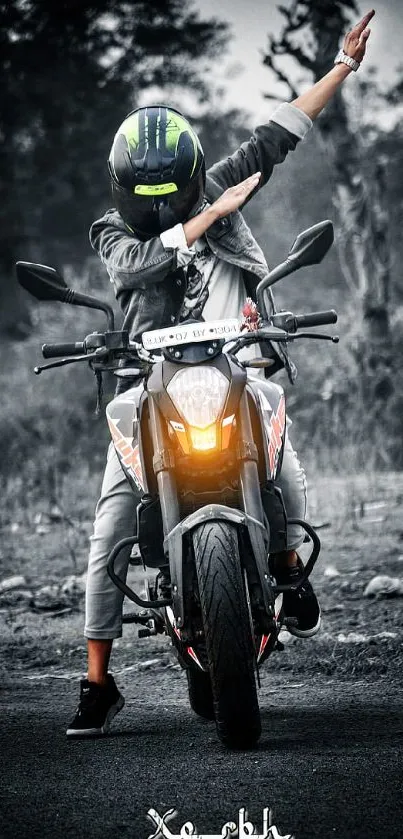 Motorcyclist doing dab pose on road with scenic backdrop.