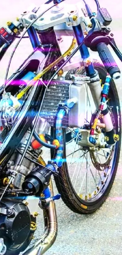 Close-up of a detailed motorcycle engine with vibrant colors and modern design.