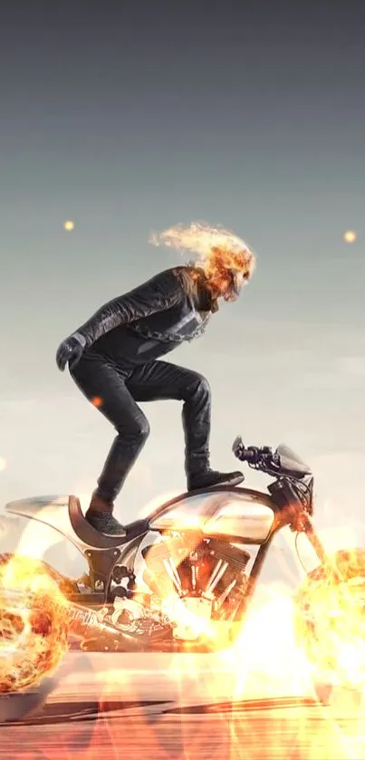 Motorcycle rider with fiery wheels and intense flames in desert backdrop.