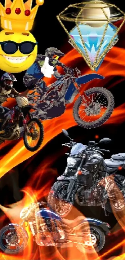 Dynamic motorcycle wallpaper with fiery orange flames and vibrant bikes.