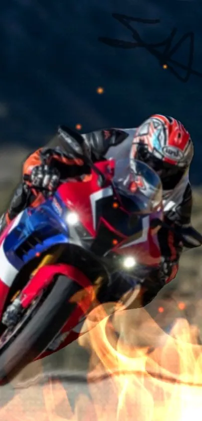 Motorcycle racing with flames in dynamic wallpaper design.