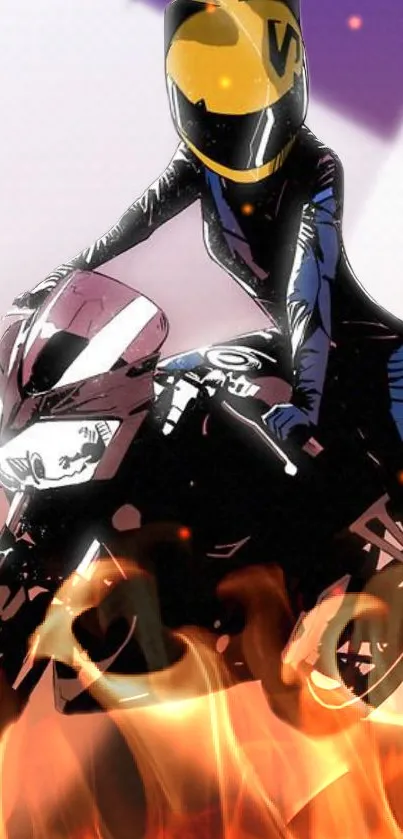 Anime-style motorcycle rider with flames, vibrant background.