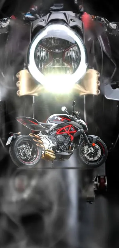 Dynamic motorcycle with glowing headlight and smoke effect.