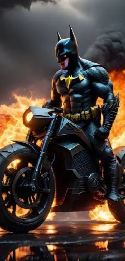 Hero on motorcycle with fiery background and flames.