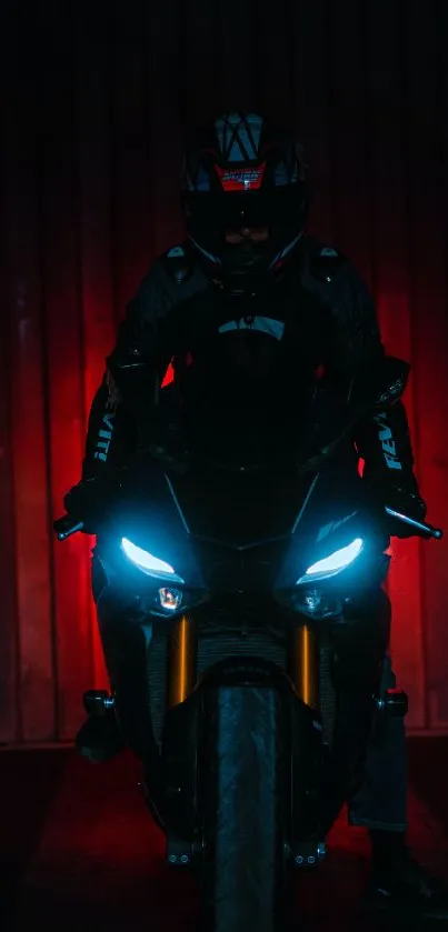 Motorcycle with glowing blue headlights on a deep red background at night.