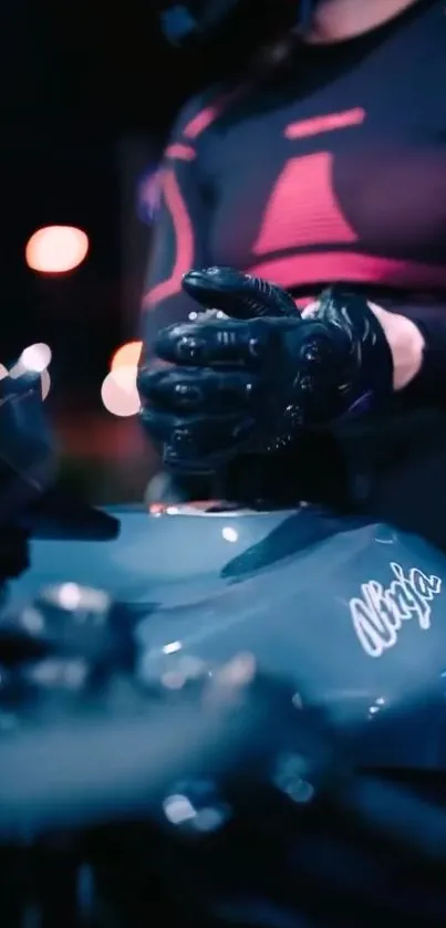 Motorcycle night ride with neon lights and biker gloves.