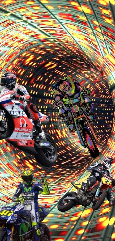 Motorcyclists speeding through vibrant, digital tunnel.