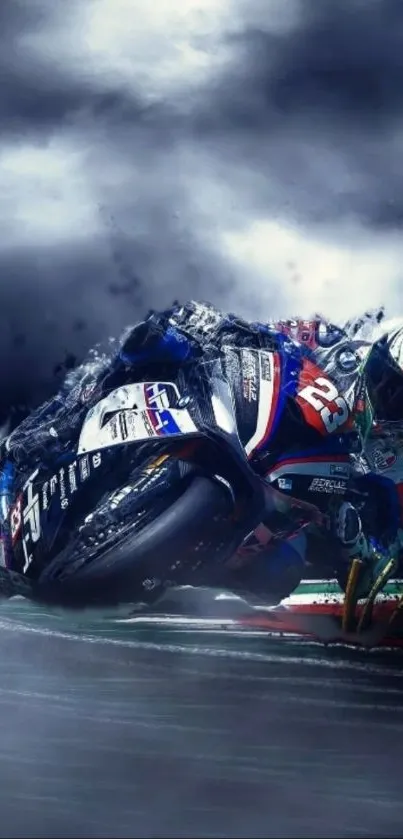 Motorcycle racing wallpaper with dynamic action and dark blue hues.