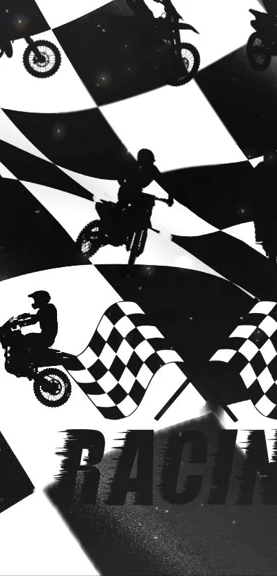 Motorcycle racing wallpaper with silhouettes and checkered flags.