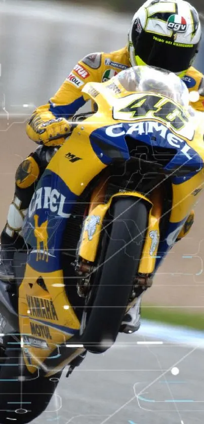 Motorcycle racer in action on vibrant track wallpaper.