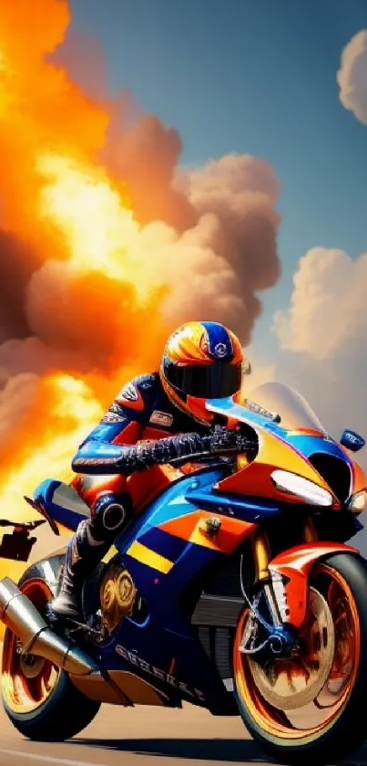 Motorcycle racing scene with vibrant explosion and dynamic action.