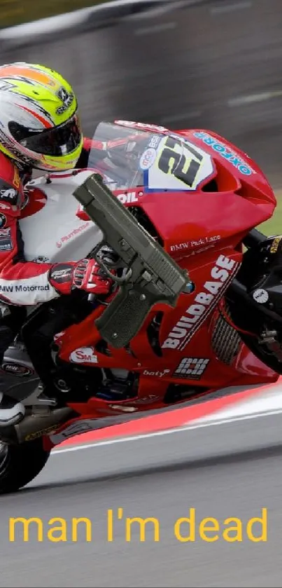 High-speed red motorcycle racing on track, showcasing dynamic action.