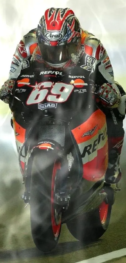 Intense motorcycle racing scene with a powerful bike on the track.