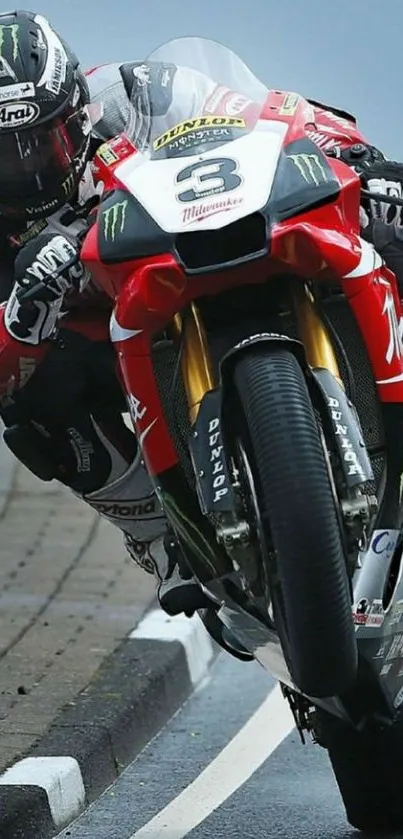 Motorcycle racer in action on a powerful bike, leaning into a turn.