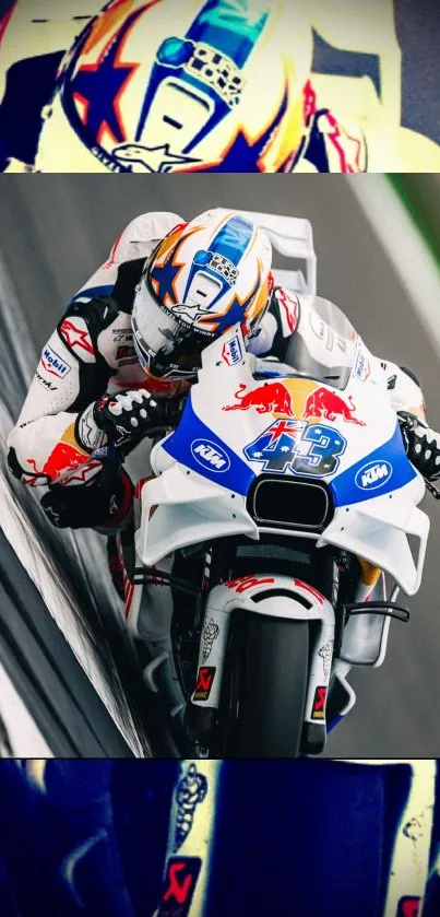 Motorcycle racer leaning into a sharp turn, showcasing speed and dynamic action.