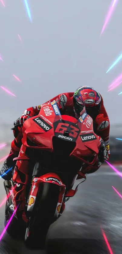 High-speed red motorcycle with neon streaks racing through a dynamic scene.