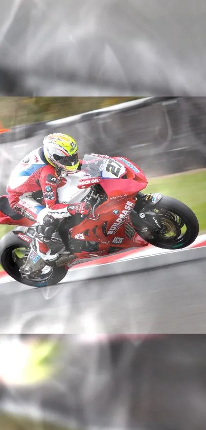 Red motorcycle racing on track with blurred background, dynamic and exciting.