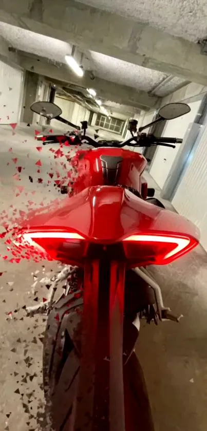 Dynamic red motorcycle in a garage setting.
