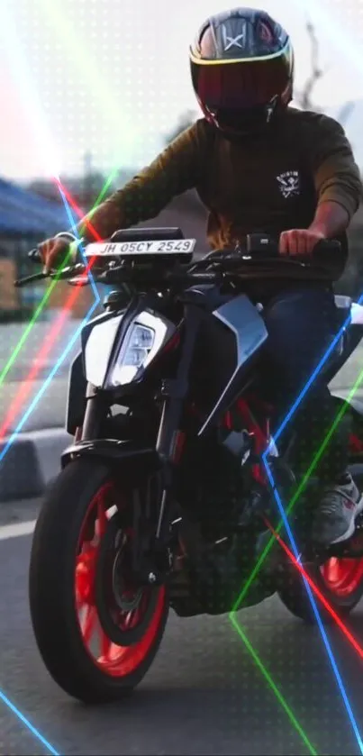 Person on a motorcycle with vibrant lights in the background.