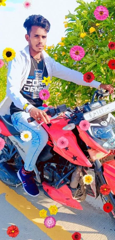 Young rider on a red motorcycle amidst green foliage.