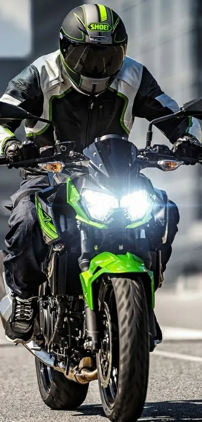 Motorcycle rider with green accents in an urban setting.