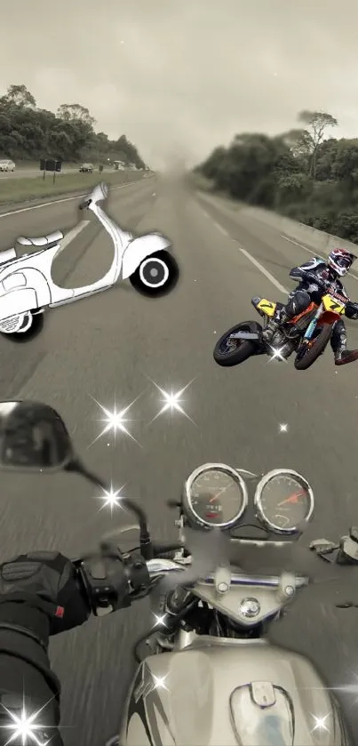 Motorcycle on an open road with a dynamic adventure vibe.