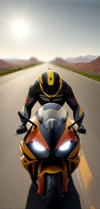 Motorcycle on an open road with mountain backdrop and bright sunlight.