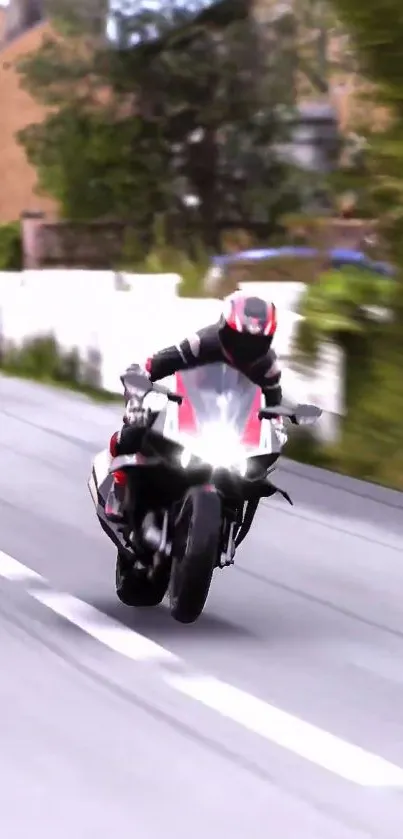 Motorcycle speeding on sunlit road with blurred background.