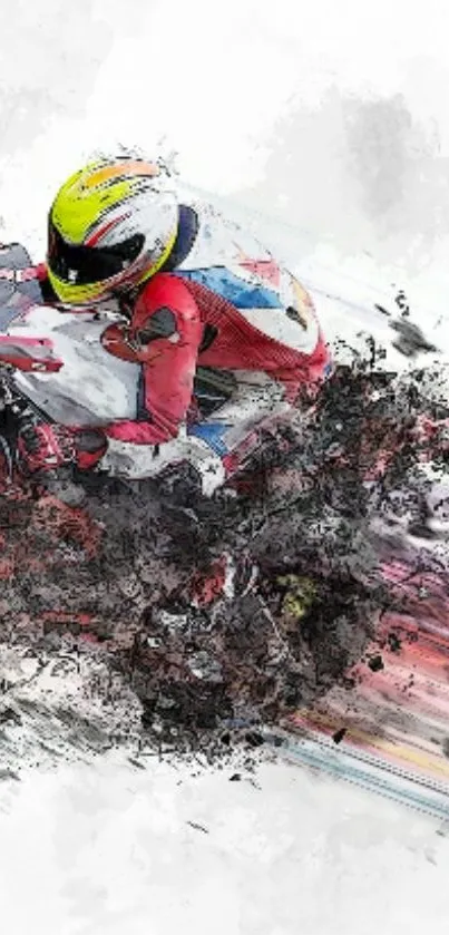 Artistic motorcycle racing wallpaper with dynamic brush strokes.