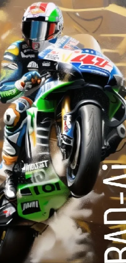 Motorcycle stunt artwork with vibrant colors and dynamic action.