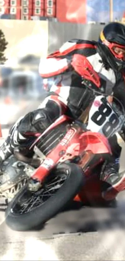 Motorcycle stunt rider leaning into a high-speed turn during an action race.