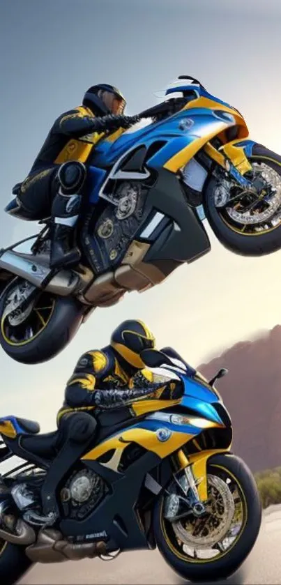 Motorcycle performing a stunt with vibrant yellow and blue colors against a clear sky.