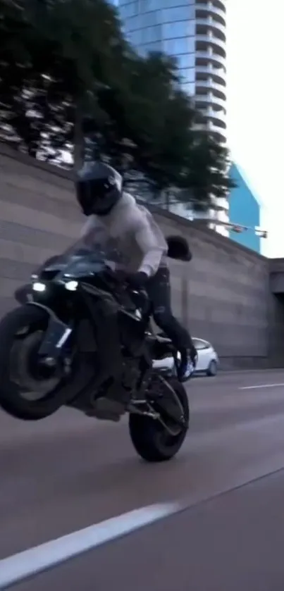 Motorcyclist performing a wheelie on a city street at dusk.