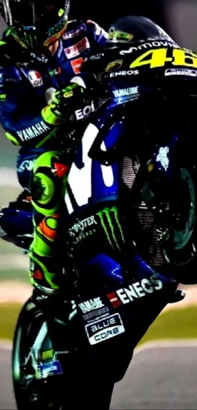 Motorcycle stunt with vibrant colors on the track.