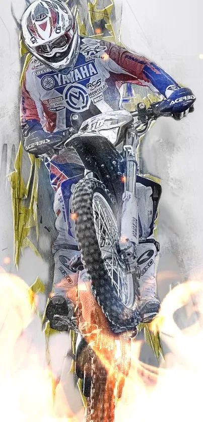 Motorcycle performing a thrilling stunt over flames on a dynamic wallpaper.