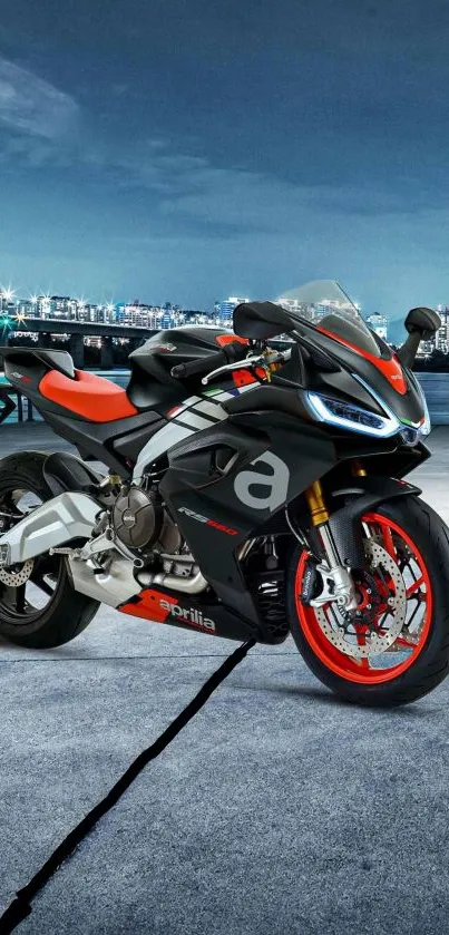 A sleek motorcycle parked on an urban street with a cityscape backdrop.