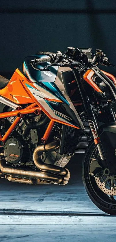 Dynamic orange and black motorcycle in spotlight on mobile wallpaper.