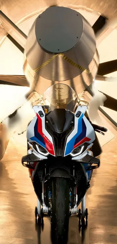 Front view of a sleek motorcycle in a wind tunnel setting.