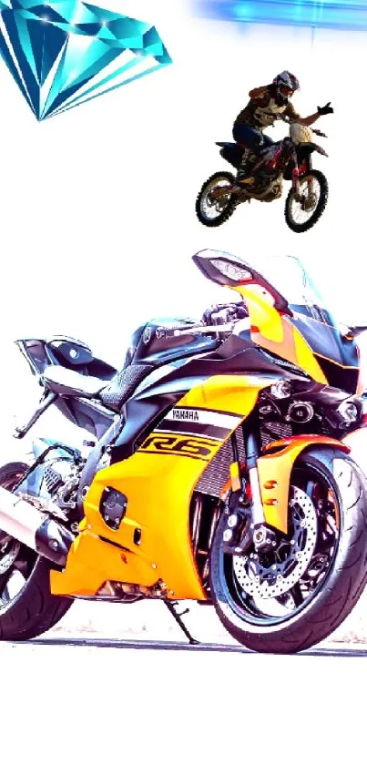 Yellow sports motorcycle with dynamic action and vibrant elements in a mobile wallpaper.