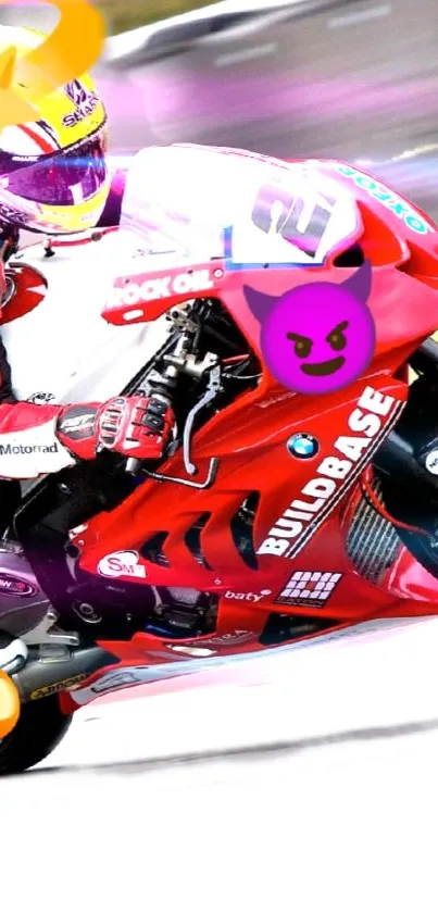 Red racing motorcycle with emojis on the track.