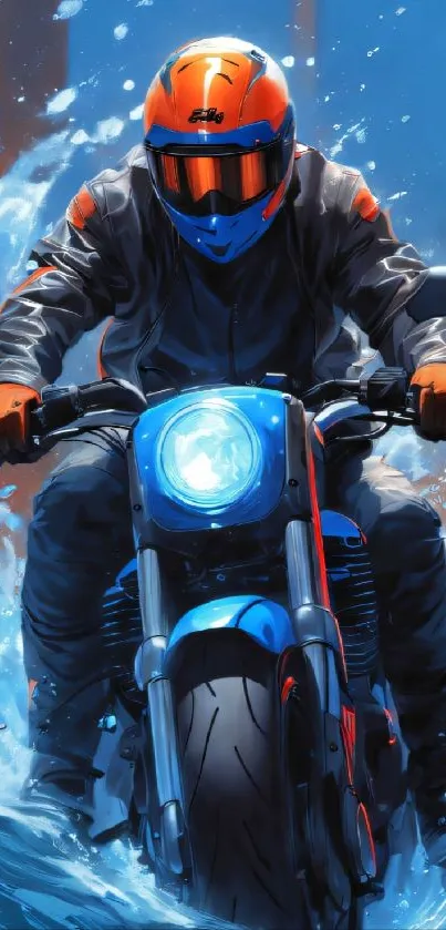 Motorcyclist riding through water splash with blue and orange colors.