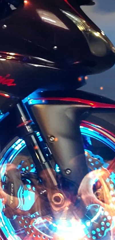 Close-up of a motorcycle wheel with neon lights and a sleek black finish.