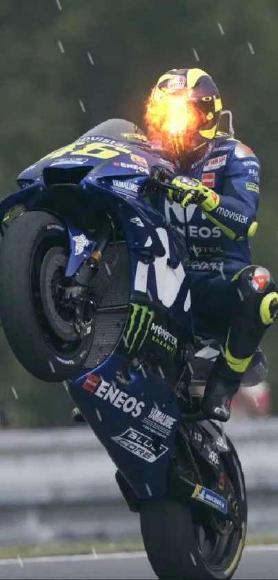 Motorcycle performing a wheelie in vibrant race suit.