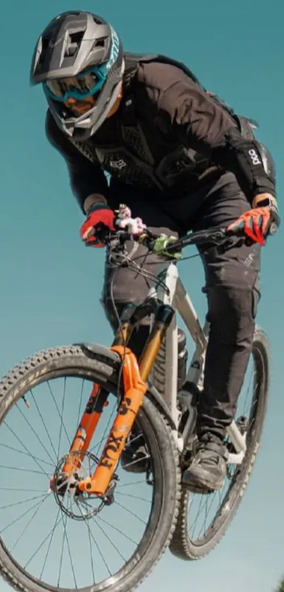 Mountain biker mid-jump against sky blue background.