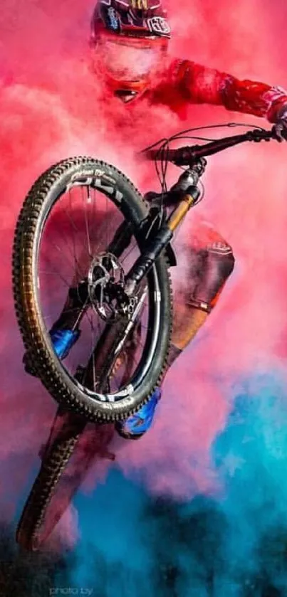 Biker performs a stunt amid red and blue smoke, highlighting dynamic motion.